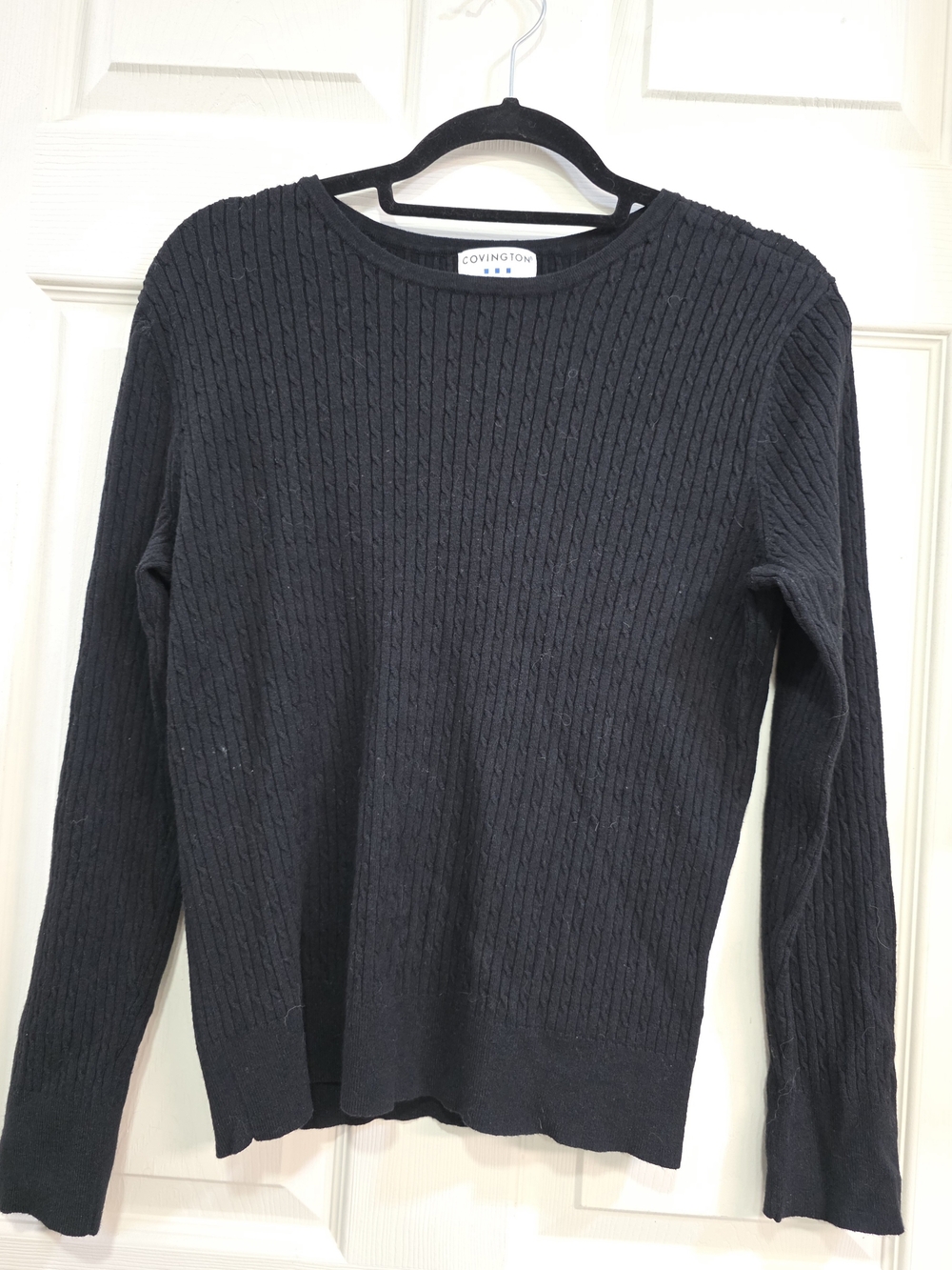 Covington Women's Black Ribbed Cable Knit Crewneck Sweater